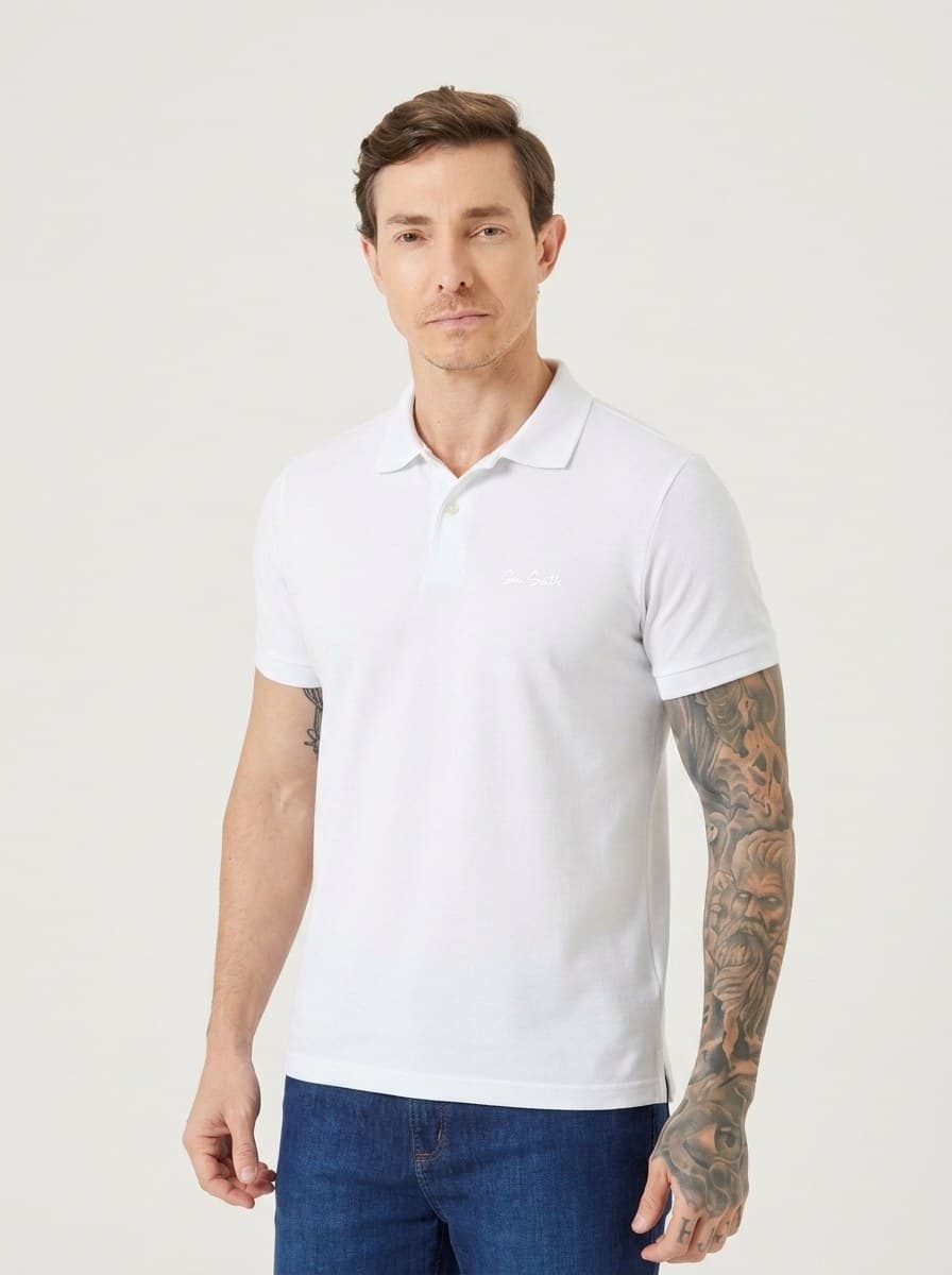 Polo Piquet com Estampa Branco