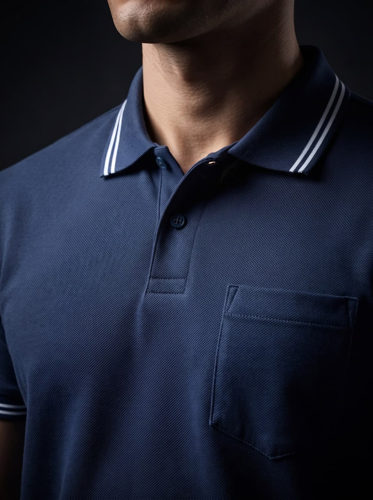 Detalhe da Polo Malha com Bolso Marinho: bolso no peito, friso duplo branco na gola e malha piquet