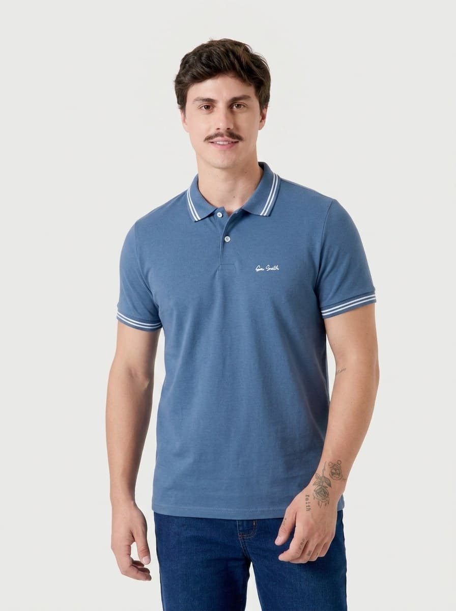 Polo Malha com Estampa Azul Índigo