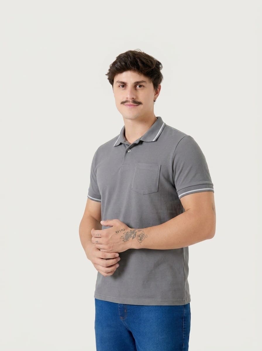 Polo Piquet com Bolso Cinza