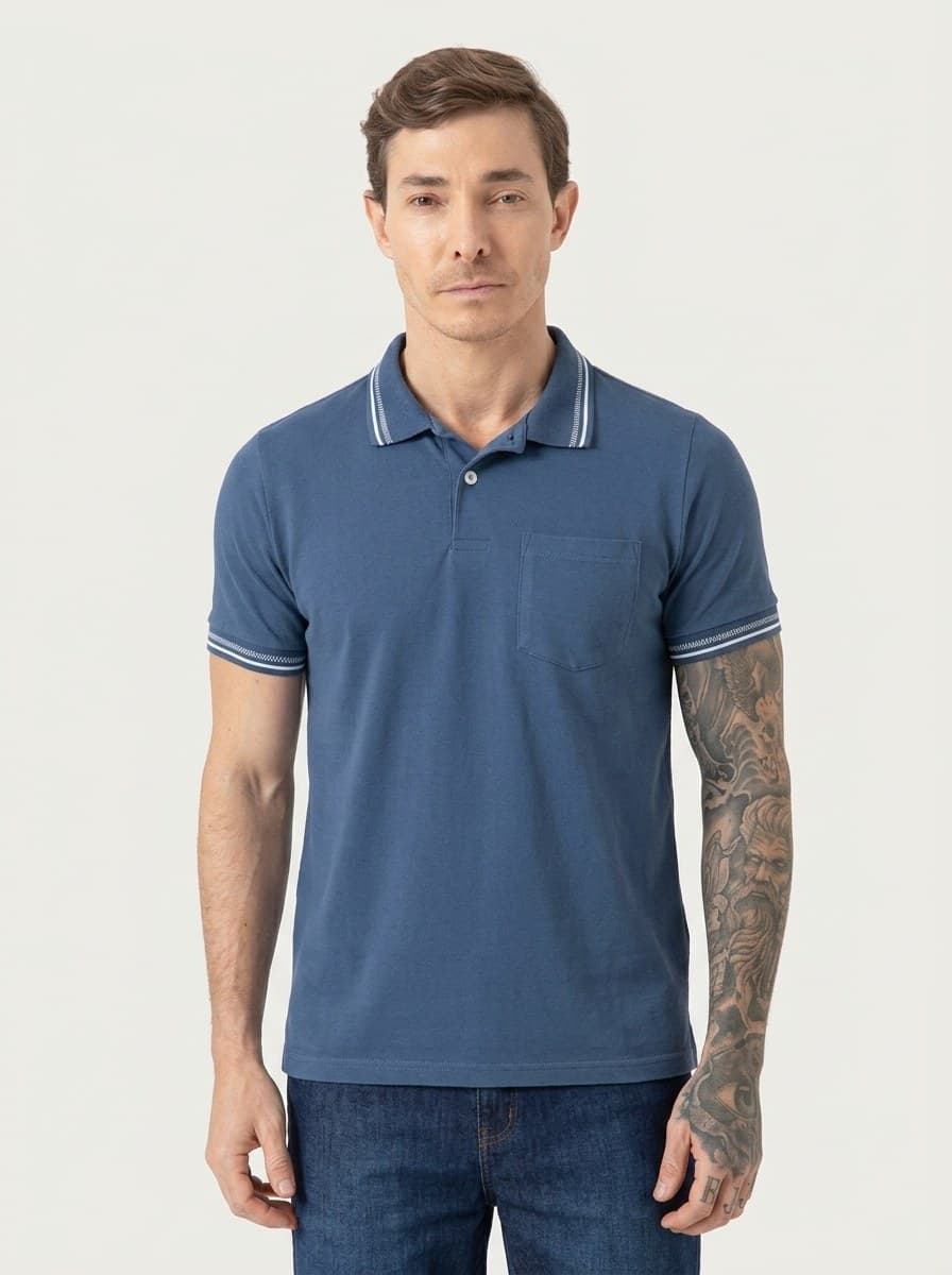 Polo Malha com Bolso Azul Índigo