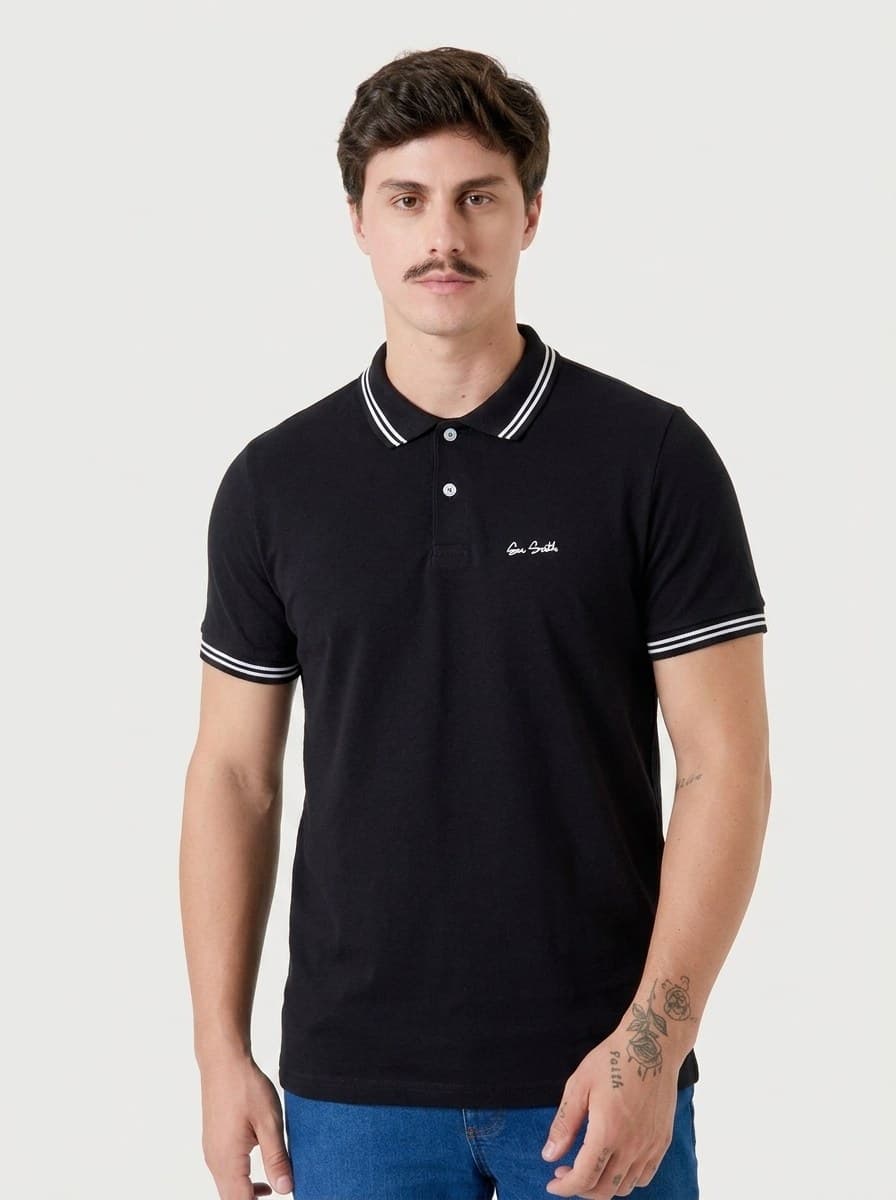 Polo Malha com Estampa Preto