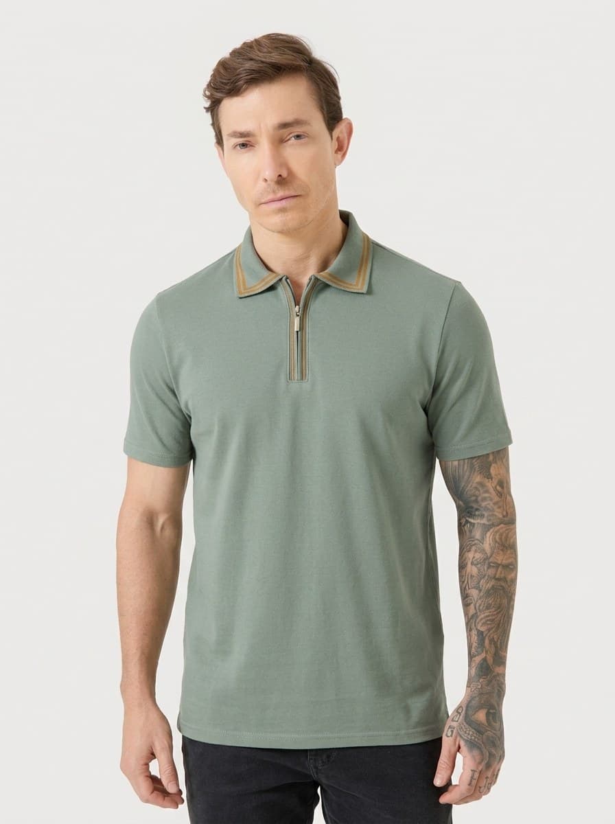 Polo Malha com Zíper Verde Sálvia