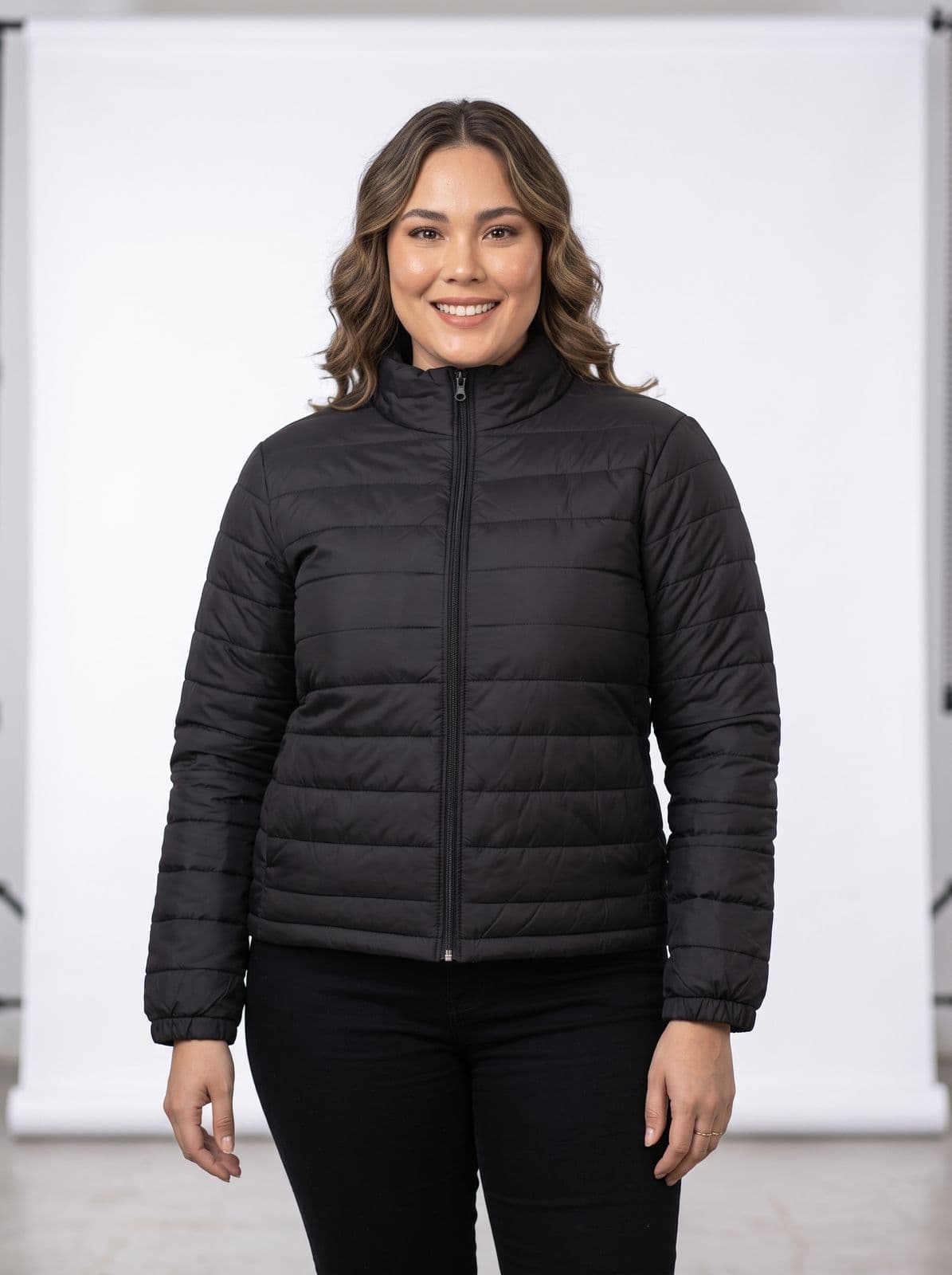 Jaqueta Feminina Puffer Bobojaco Plus Size Sem Capuz Slim Preto